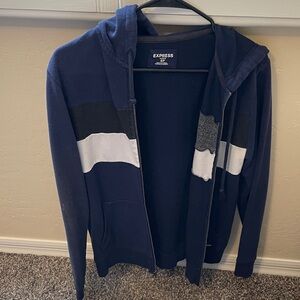 Express Men's Navy and Black Zip-Up Sweater